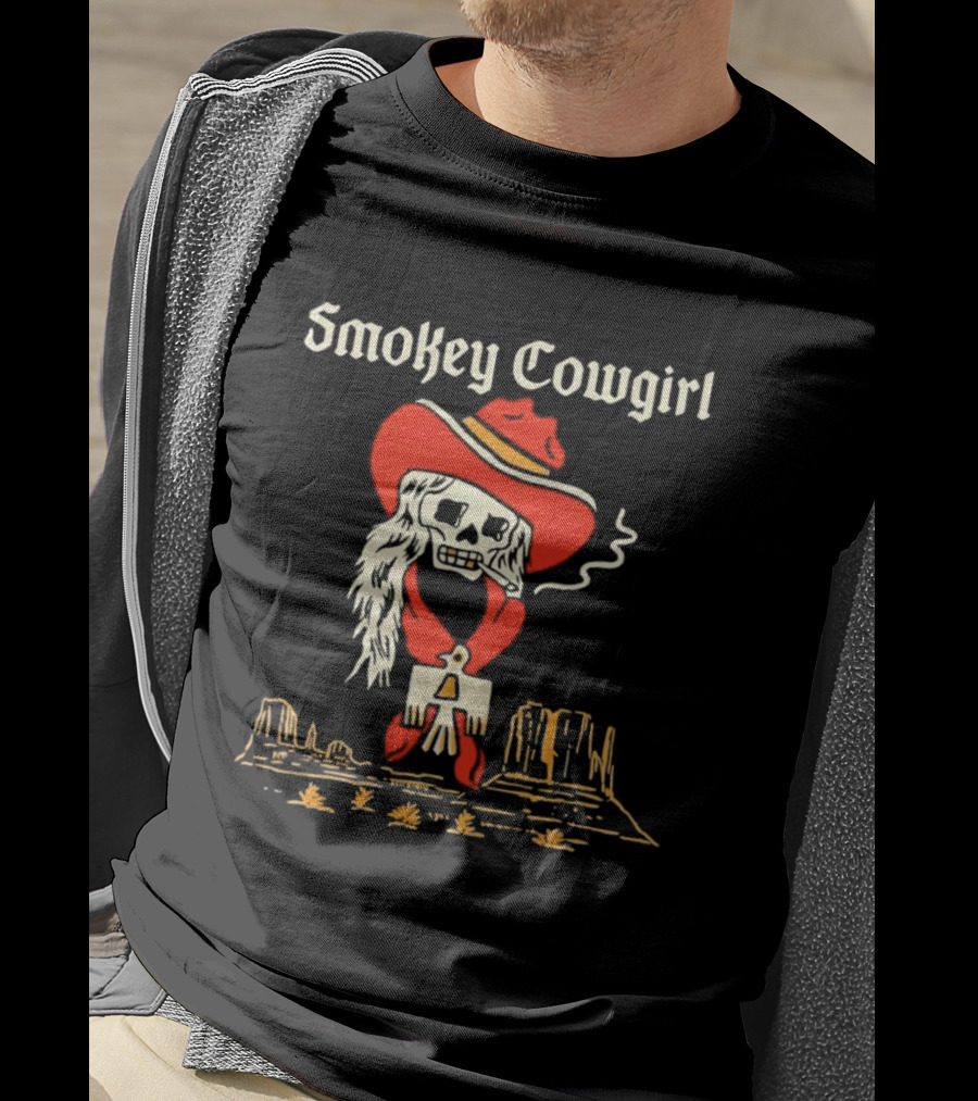 Smokey Cowgirl Western Skeleton Cowboy Desert Scene T-Shirt