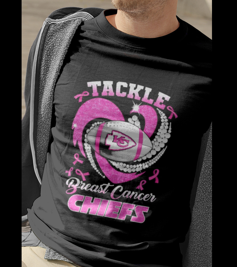 Tackle Breast Cancer Kansas City Chiefs Pink Ribbon Football Heart T-Shirt