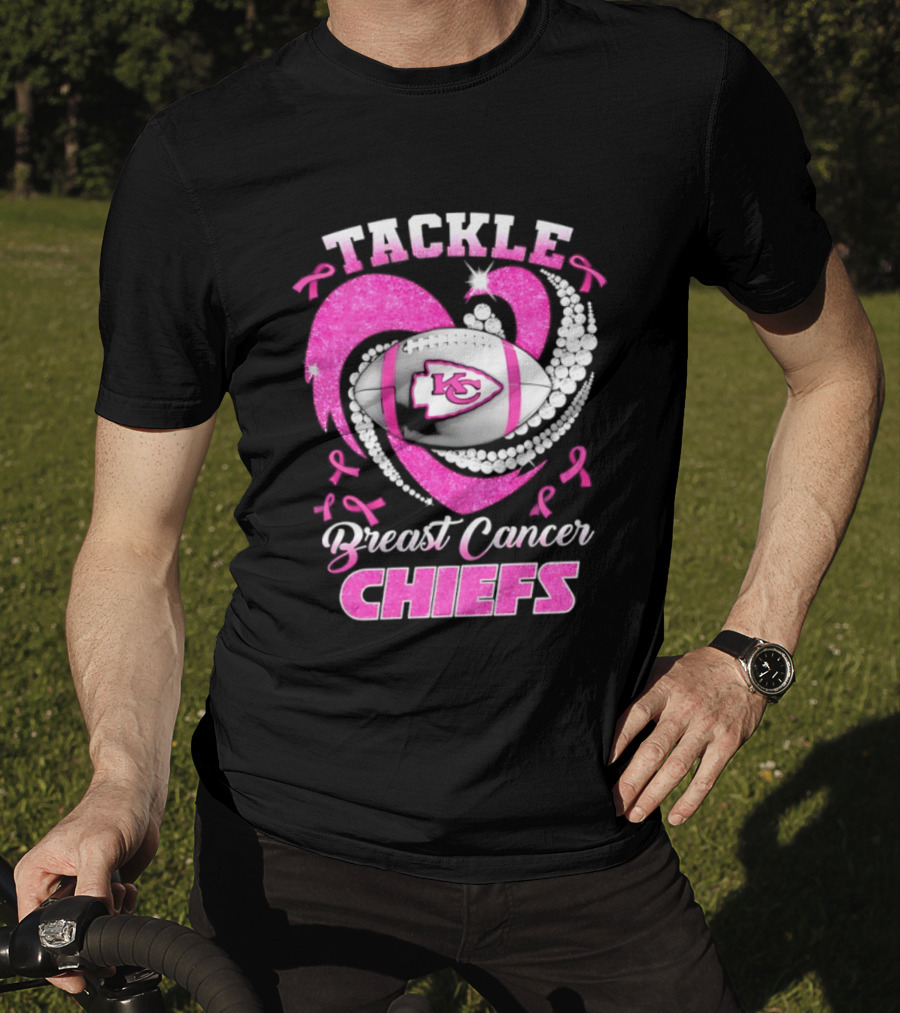Tackle Breast Cancer Kansas City Chiefs Pink Ribbon Football Heart T-Shirt