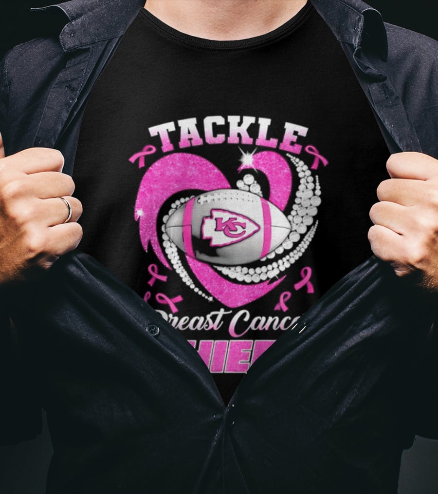 Tackle Breast Cancer Kansas City Chiefs Pink Ribbon Football Heart T-Shirt