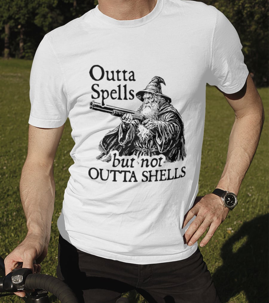 Outta Spells But Not Outta Shells Wizard With Shotgun T-Shirt