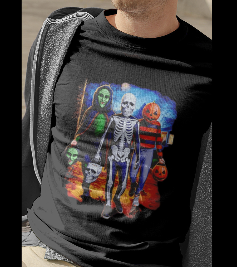 2026 Halloween Trick Or Treat Trio Skeleton Witch Pumpkin Night T-Shirt