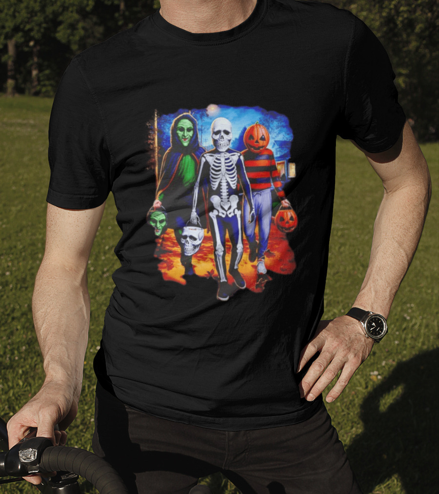 2026 Halloween Trick Or Treat Trio Skeleton Witch Pumpkin Night T-Shirt