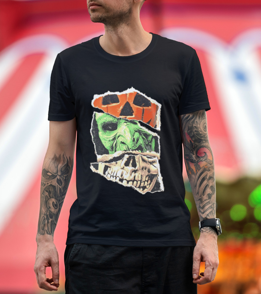Halloween Trio Three Masks Horror Season Of The Witch Pumpkin Skull Green Mask T-Shirt