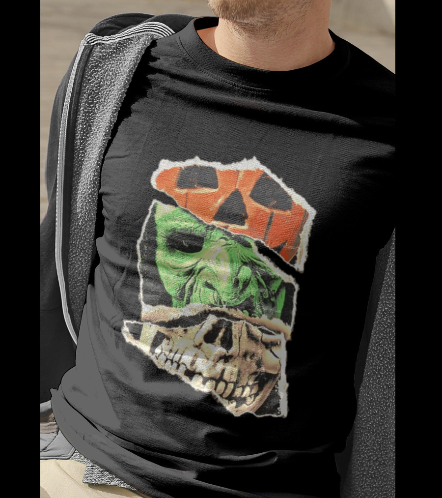 Halloween Trio Three Masks Horror Season Of The Witch Pumpkin Skull Green Mask T-Shirt
