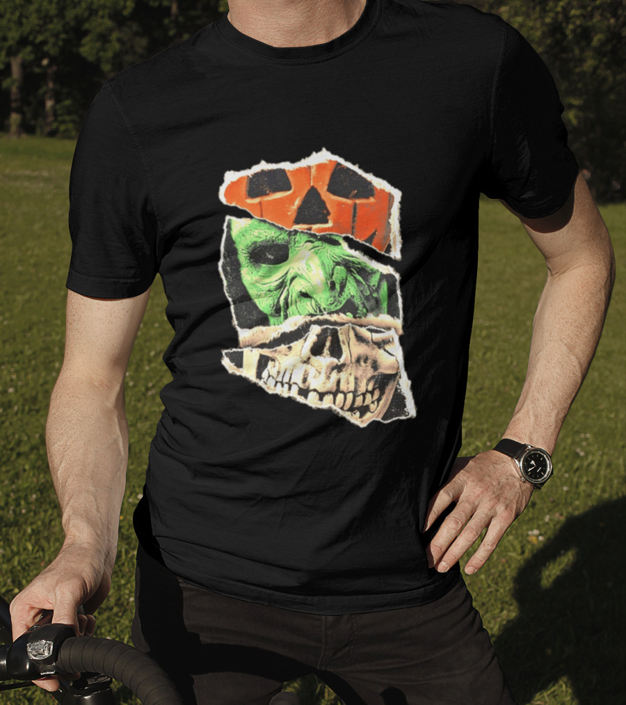 Halloween Trio Three Masks Horror Season Of The Witch Pumpkin Skull Green Mask T-Shirt