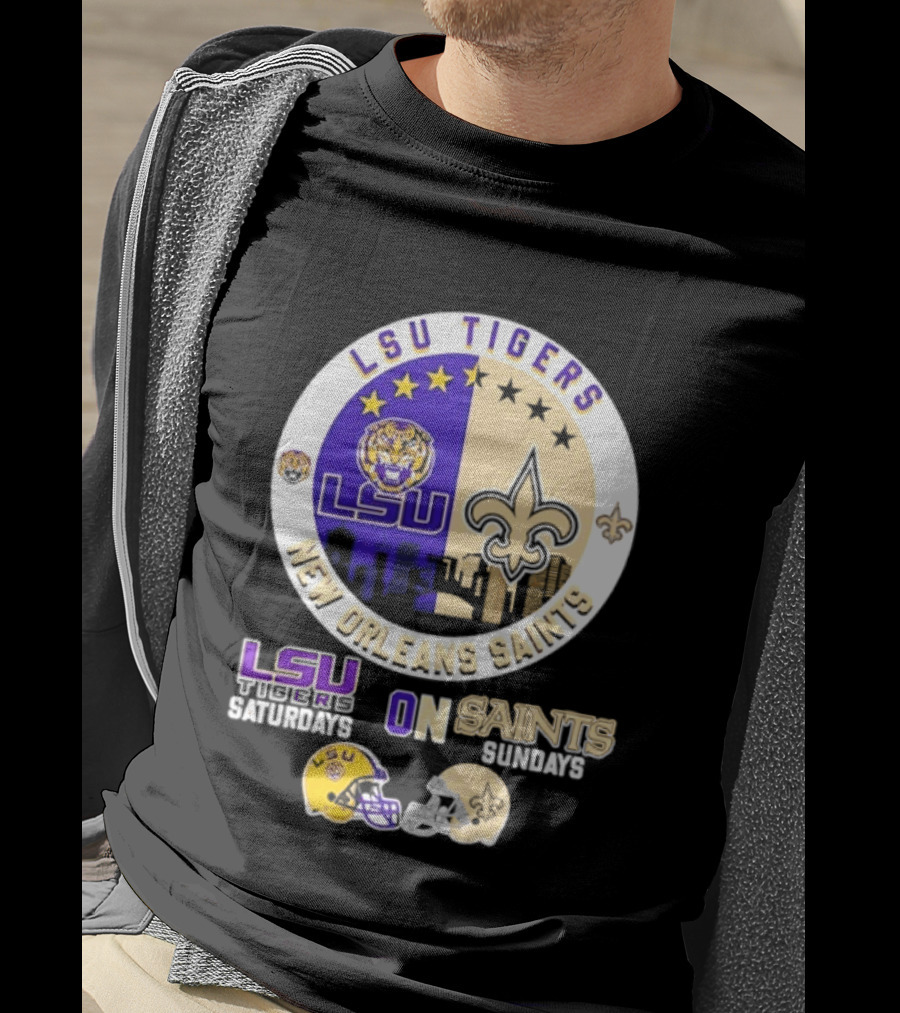 LSU Tigers New Orleans Saints Skyline Helmet Celebration Saturdays Sundays T-Shirt