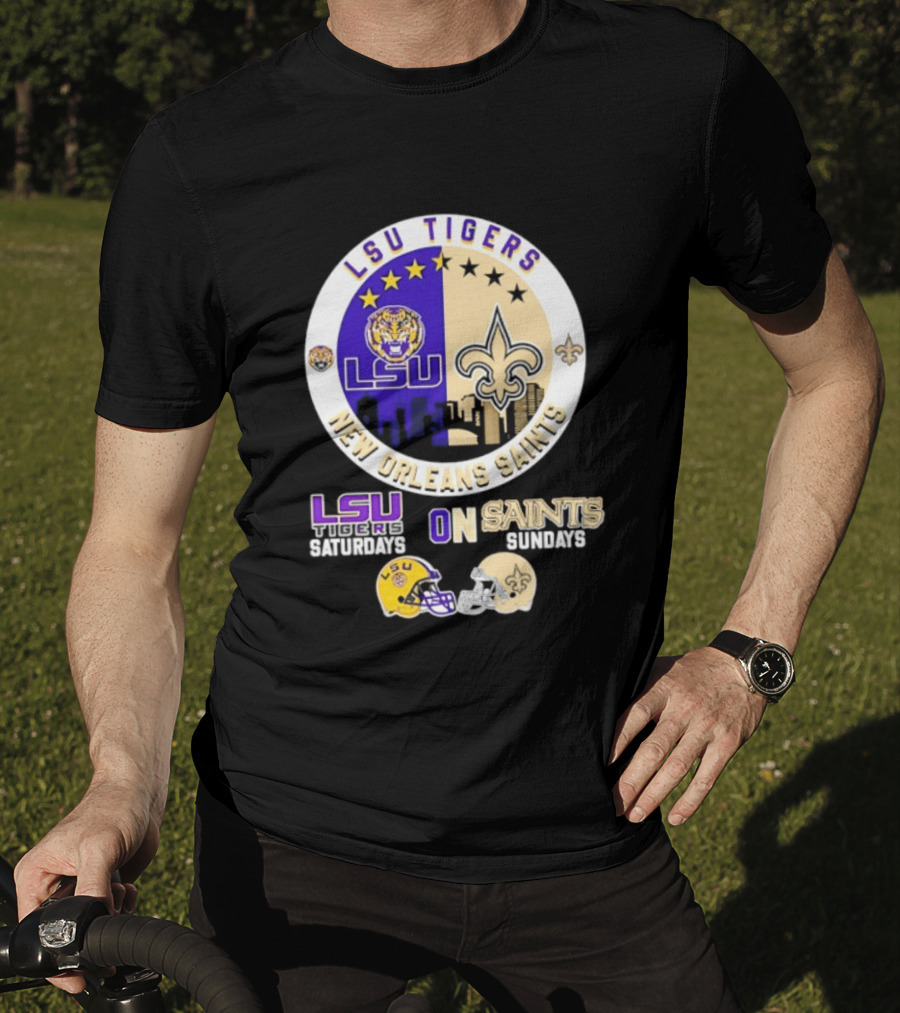 LSU Tigers New Orleans Saints Skyline Helmet Celebration Saturdays Sundays T-Shirt