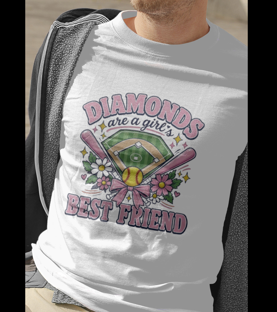 Diamonds Are A Girl's Best Friend Softball Field Pink Bats Floral Stars T-Shirt