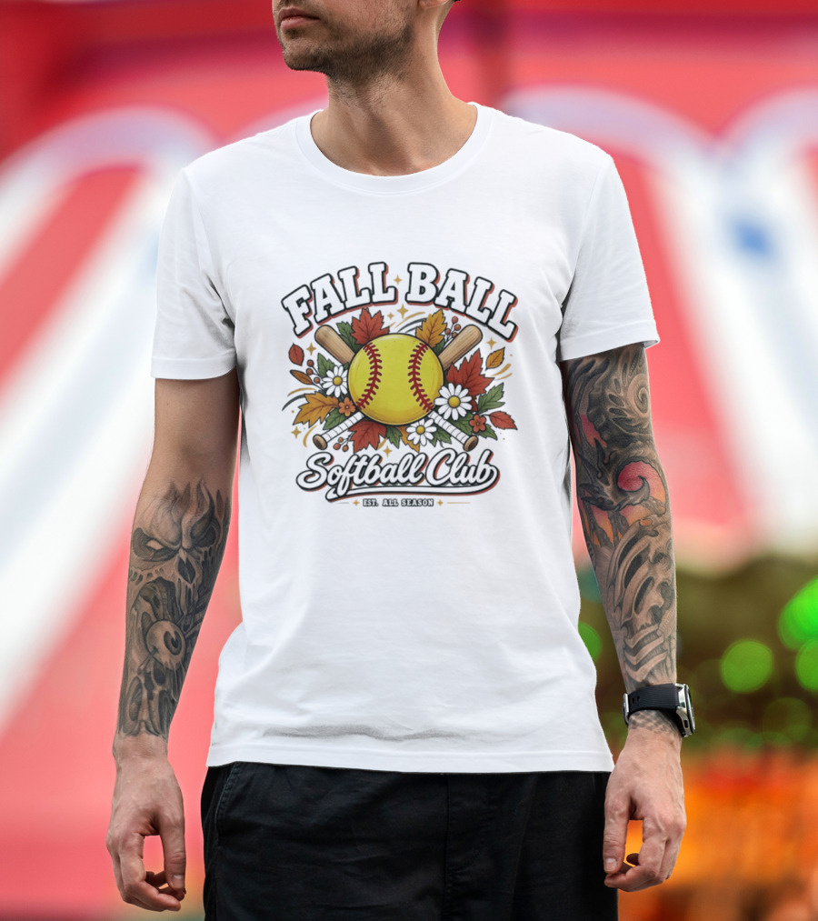 Fall Ball Softball Club Established All Season Autumn Leaves And Bats T-Shirt