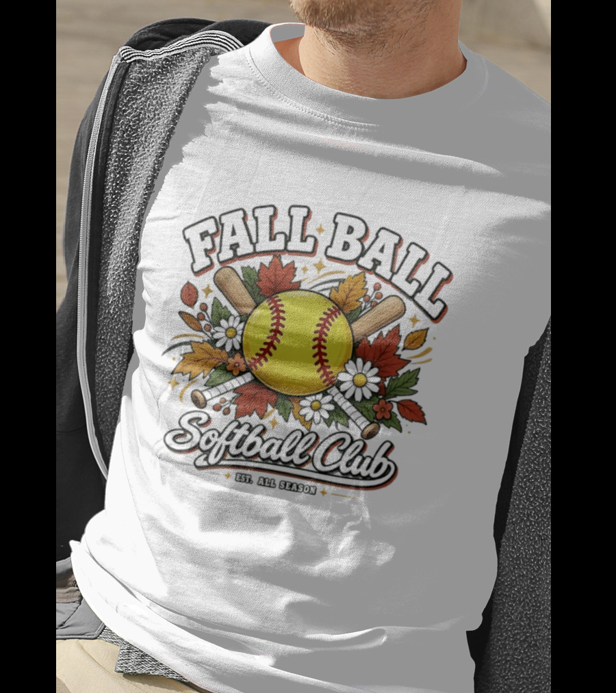 Fall Ball Softball Club Established All Season Autumn Leaves And Bats T-Shirt
