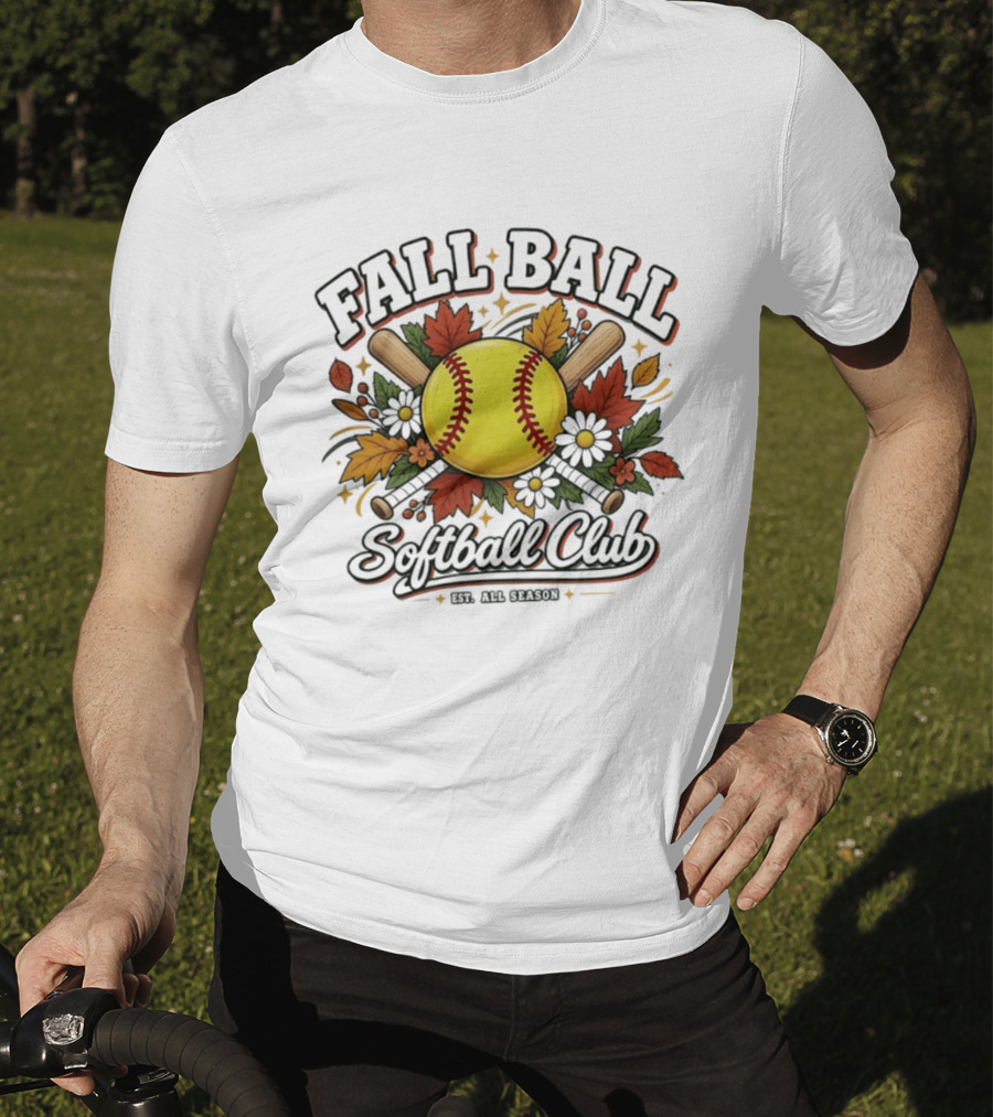 Fall Ball Softball Club Established All Season Autumn Leaves And Bats T-Shirt