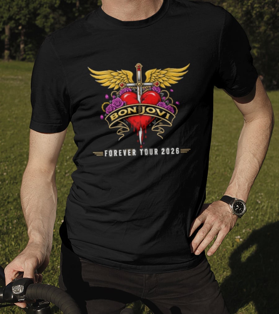 Bon Jovi Forever Tour 2026 Heart And Dagger Wings Roses T-Shirt