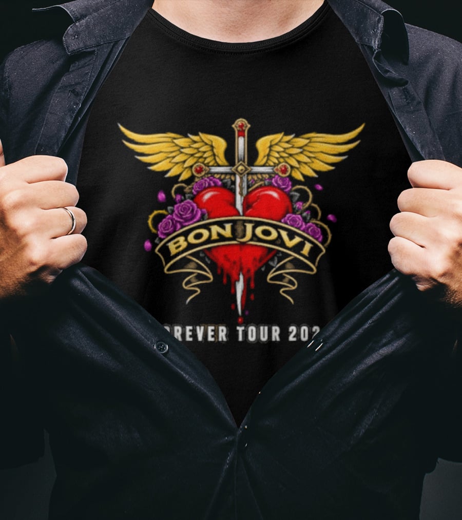 Bon Jovi Forever Tour 2026 Heart And Dagger Wings Roses T-Shirt