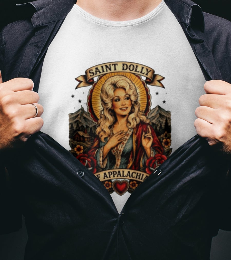 Saint Dolly Of Appalachia Iconic Tribute With Roses And Mountains T-Shirt