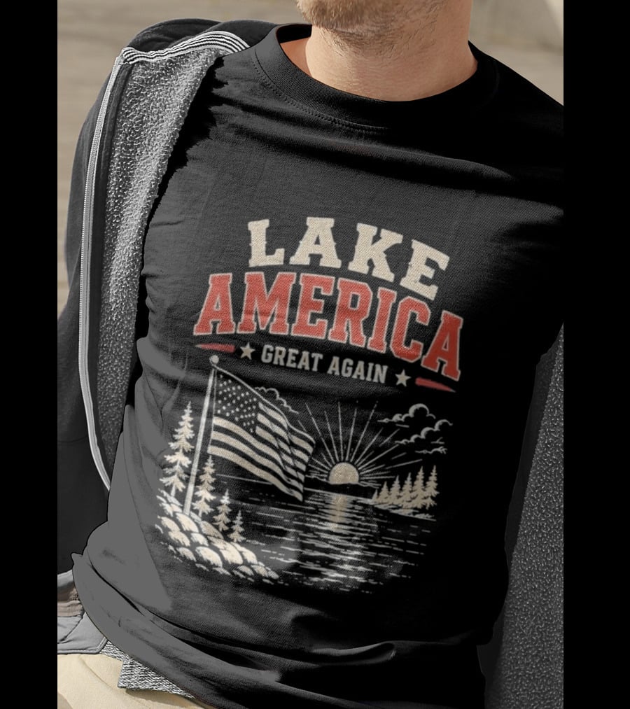Lake America Great Again With Sunset And Flag Scene T-Shirt