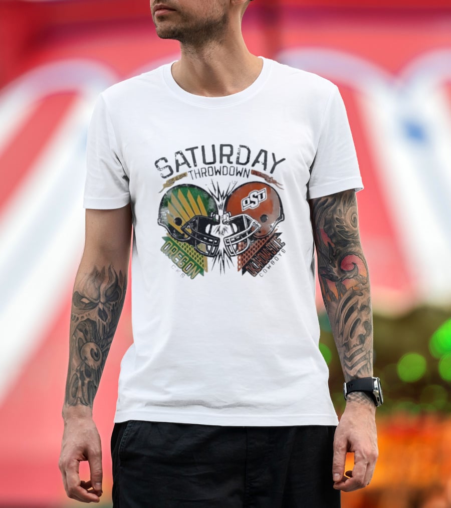 Oklahoma State Vs Oregon Saturday Throwdown 2026 Helmet Clash T-Shirt