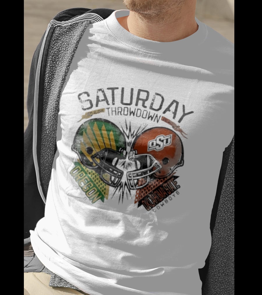 Oklahoma State Vs Oregon Saturday Throwdown 2026 Helmet Clash T-Shirt