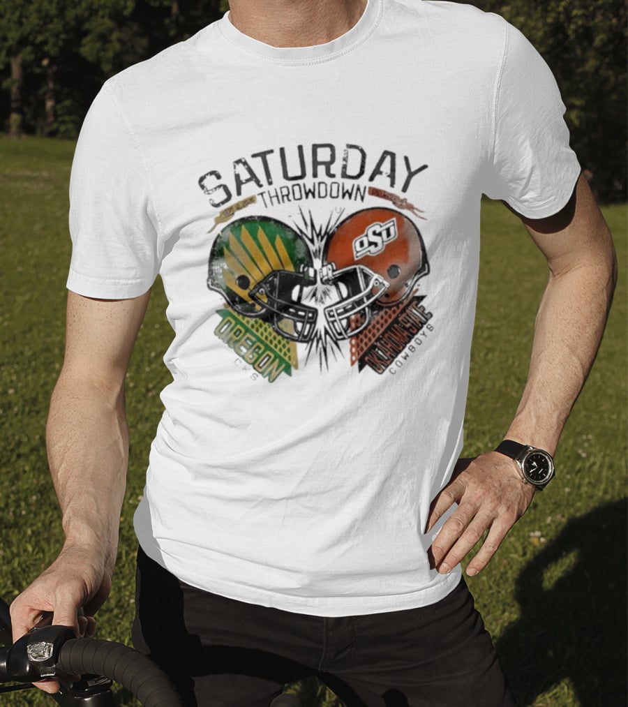 Oklahoma State Vs Oregon Saturday Throwdown 2026 Helmet Clash T-Shirt