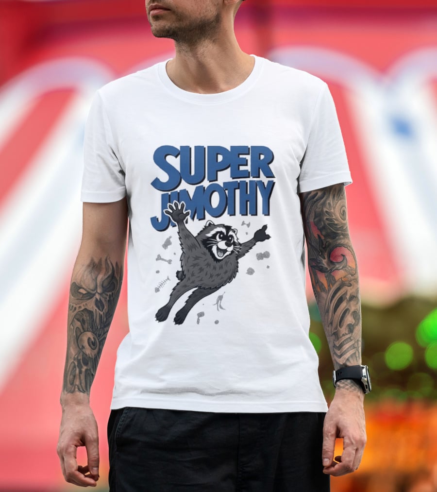 Super Jimothy Leaping Raccoon Playful Adventure T-Shirt