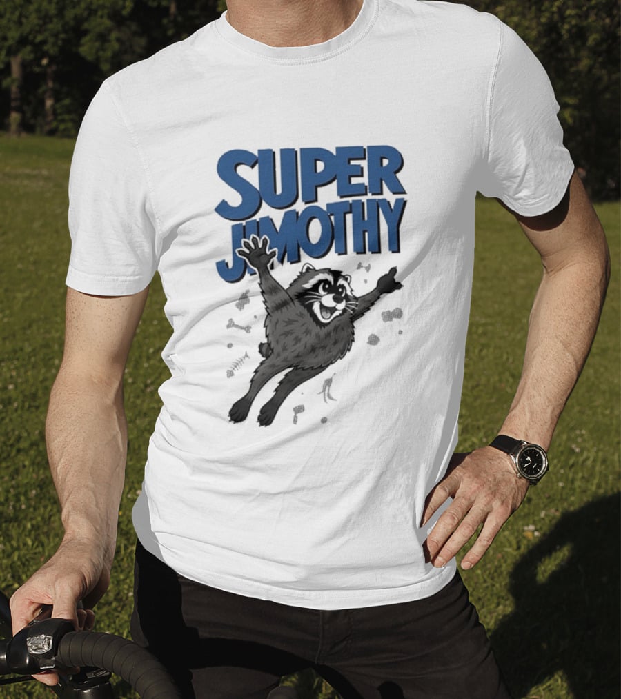 Super Jimothy Leaping Raccoon Playful Adventure T-Shirt