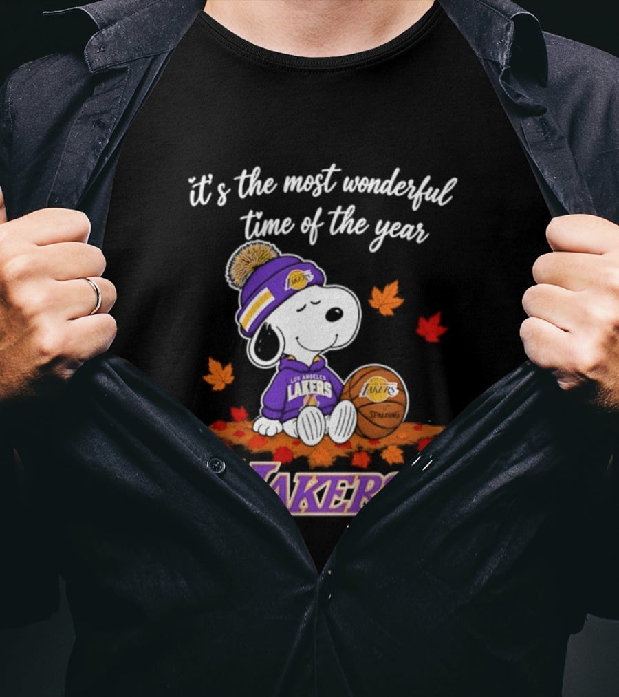 Los Angeles Lakers Snoopy Halloween 2026 It's The Most Wonderful Time Of The Year Peanuts Basketball Fall Leaves T-Shirt