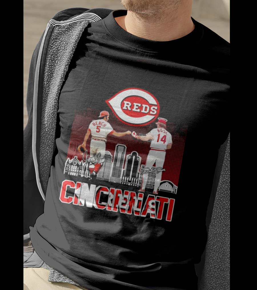 Cincinnati Reds Bench And Rose Skyline Signatures T-Shirt
