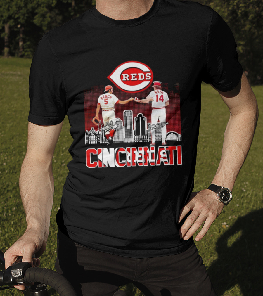 Cincinnati Reds Bench And Rose Skyline Signatures T-Shirt