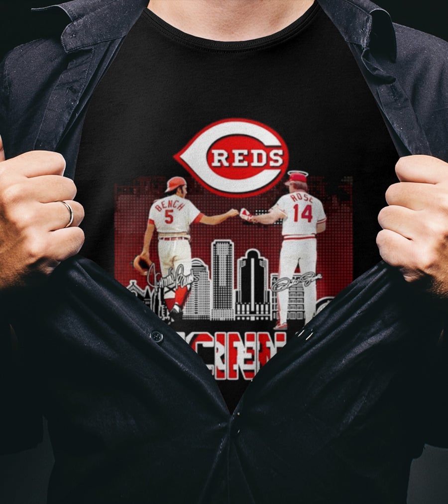 Cincinnati Reds Bench And Rose Skyline Signatures T-Shirt