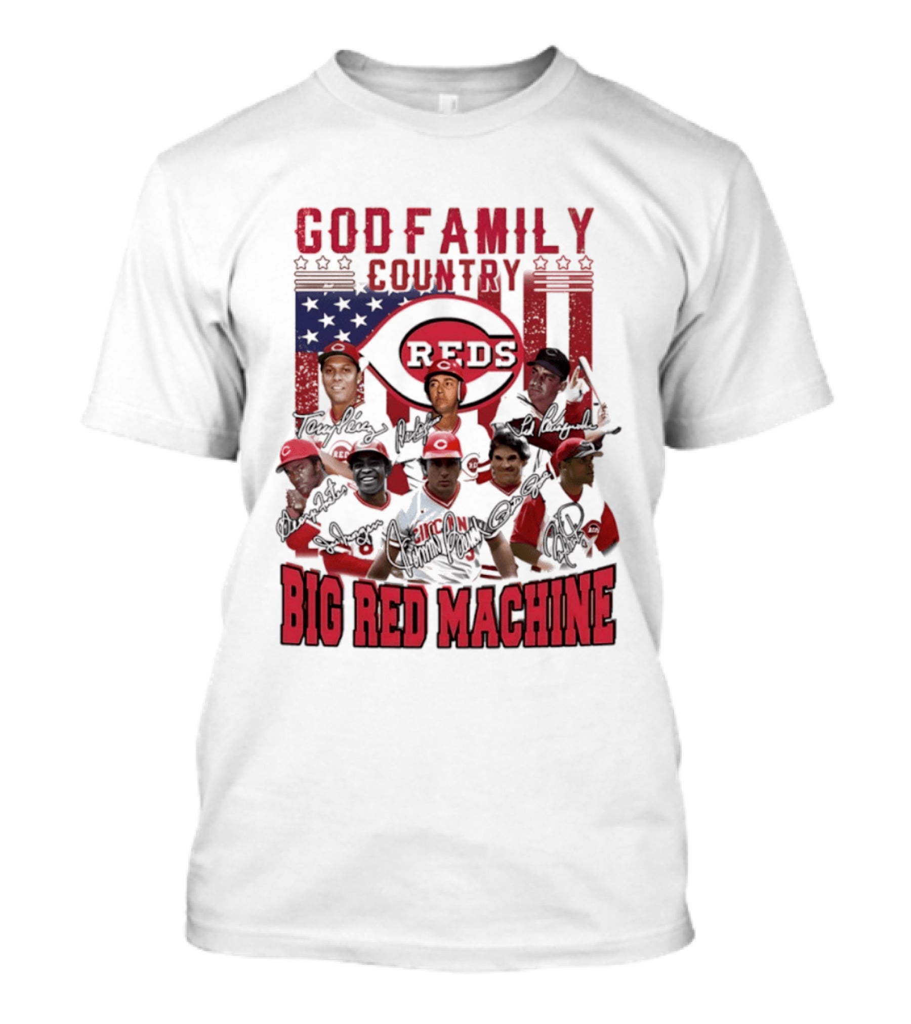 Cincinnati Reds God Family Country Big Red Machine Reds Signatures T-Shirt