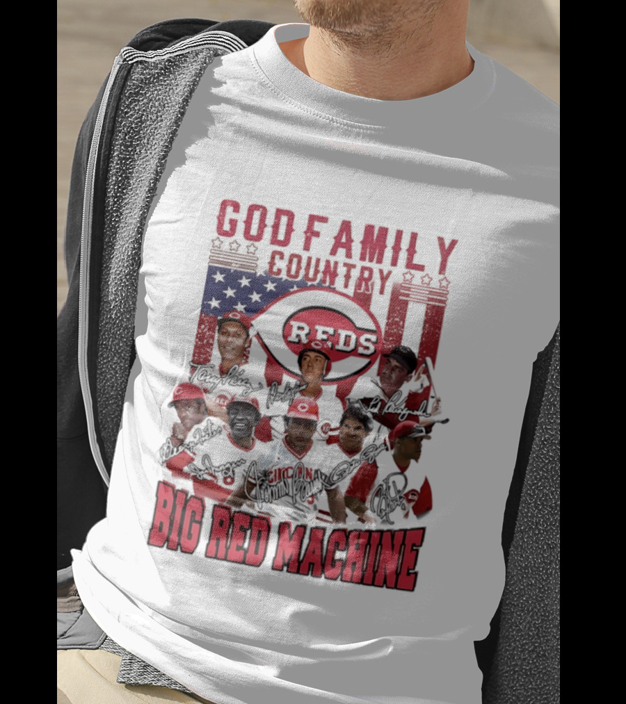 Cincinnati Reds God Family Country Big Red Machine Reds Signatures T-Shirt