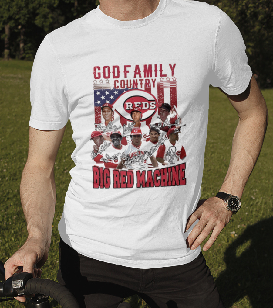 Cincinnati Reds God Family Country Big Red Machine Reds Signatures T-Shirt