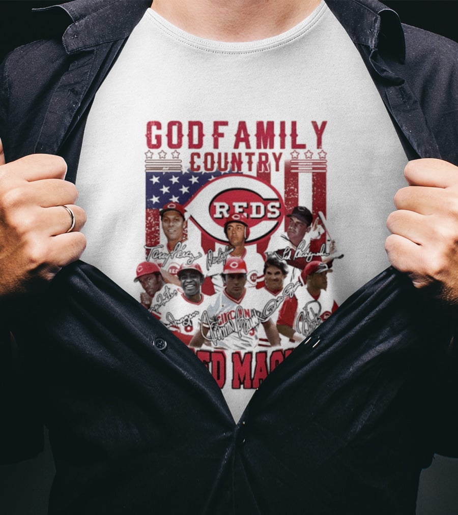 Cincinnati Reds God Family Country Big Red Machine Reds Signatures T-Shirt