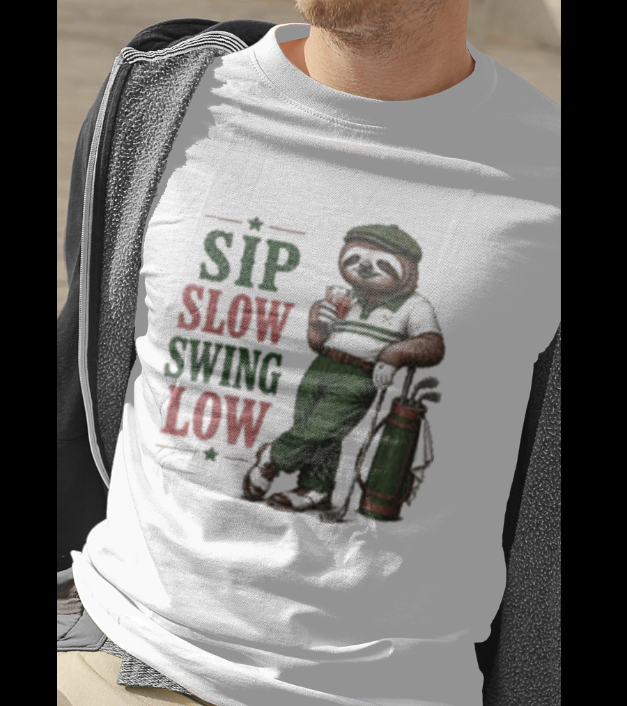 Sip Slow Swing Low Sloth Golfer Drinking Relaxed Golf T-Shirt