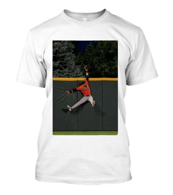 Colton Cowser Catch At Wall Wearing Red O's Jersey In Field Action T-Shirt