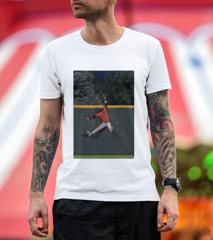 Colton Cowser Catch At Wall Wearing Red O's Jersey In Field Action T-Shirt