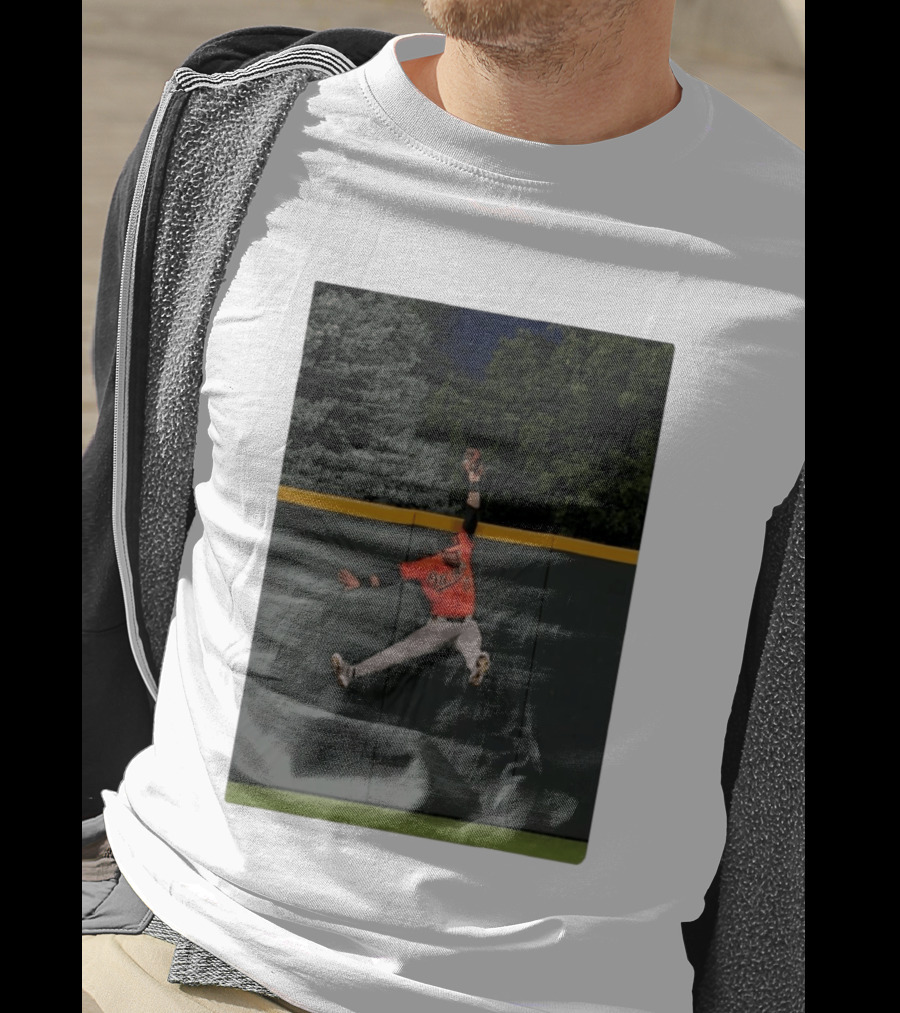 Colton Cowser Catch At Wall Wearing Red O's Jersey In Field Action T-Shirt