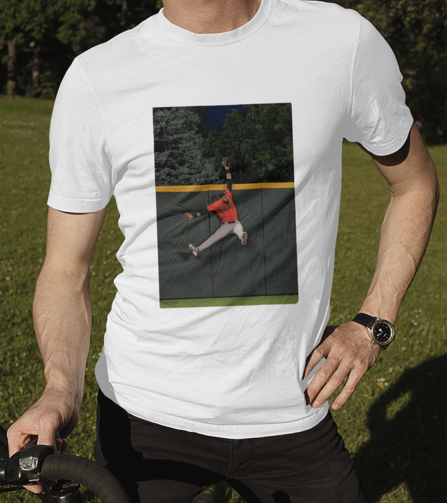 Colton Cowser Catch At Wall Wearing Red O's Jersey In Field Action T-Shirt