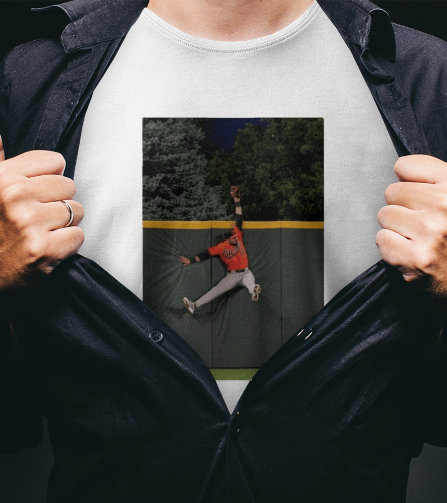 Colton Cowser Catch At Wall Wearing Red O's Jersey In Field Action T-Shirt