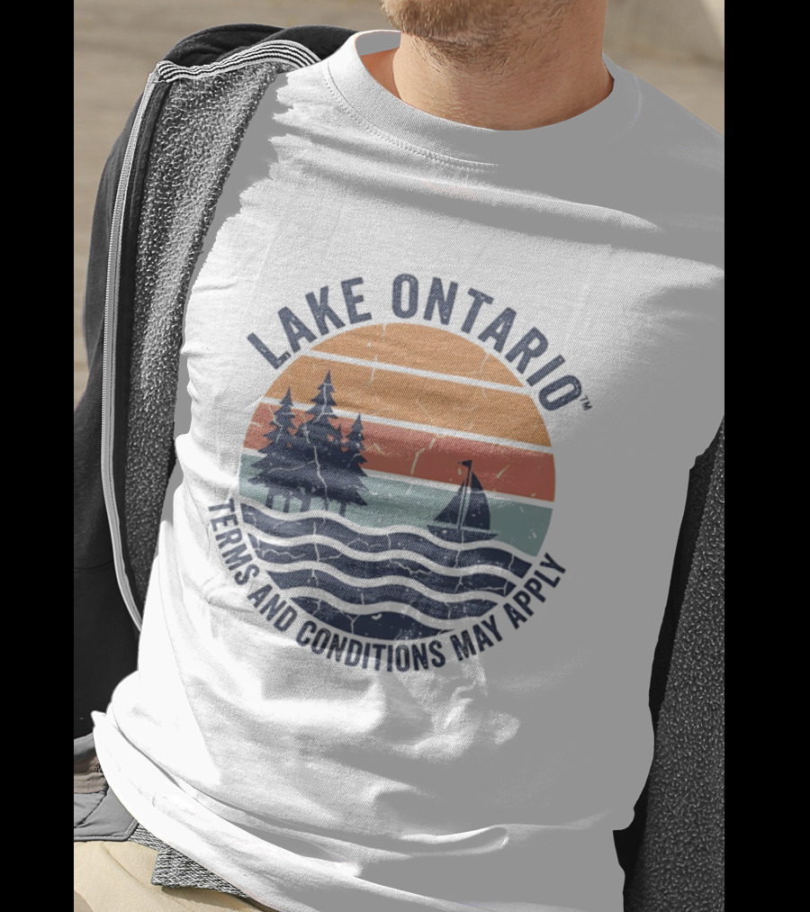 Lake Ontario Terms And Conditions May Apply Sunset Scene With Sailboat And Trees T-Shirt