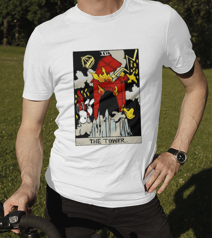 Snoopy The Tower Tarot Card XVII Lightning Flames Clouds Woodstock T-Shirt