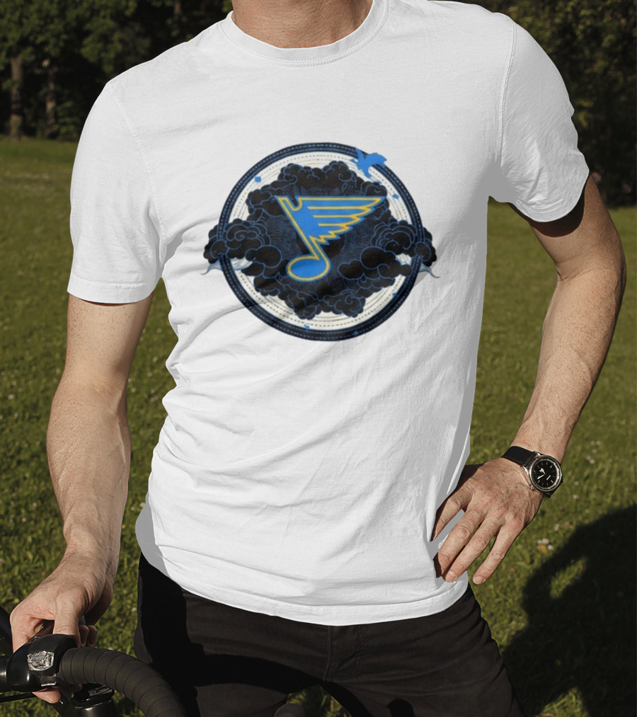 STL Blues Fourth Wing Night 2026 Circle Blue Emblem With Musical Note And Clouds T-Shirt