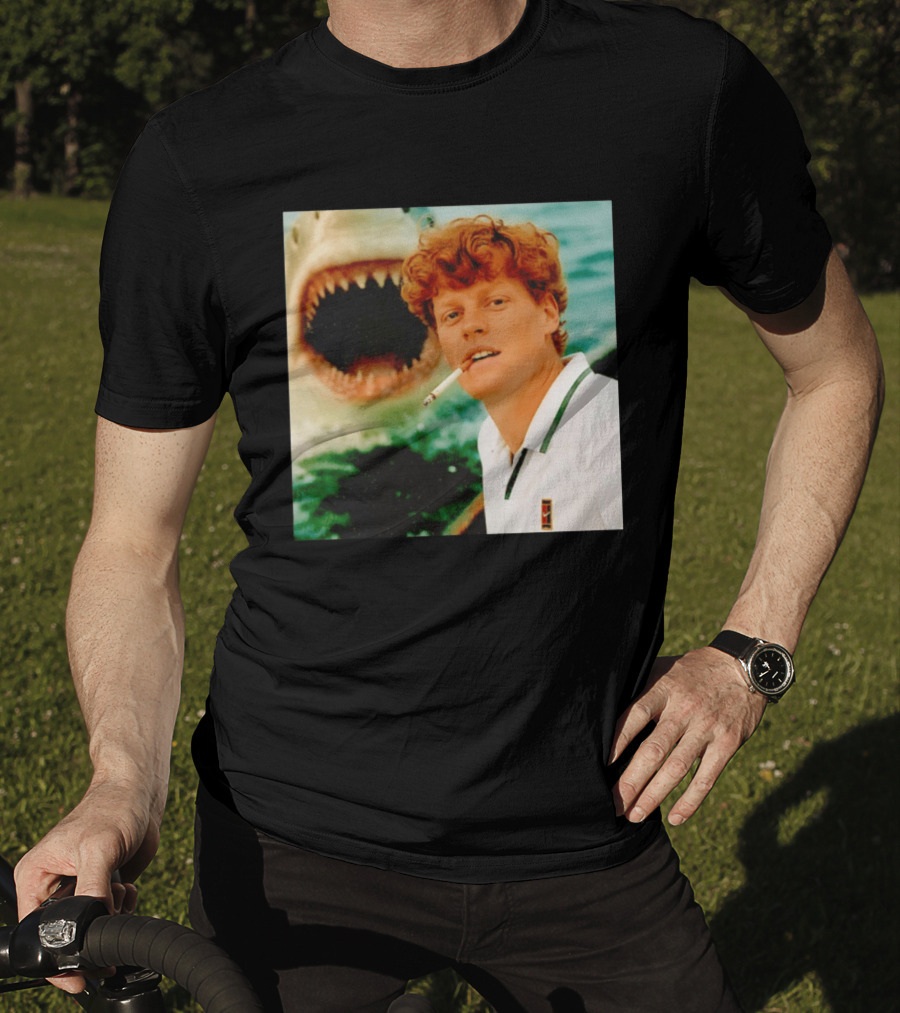 Jannik Sinner Smoking With Jaws Shark Behind T-Shirt