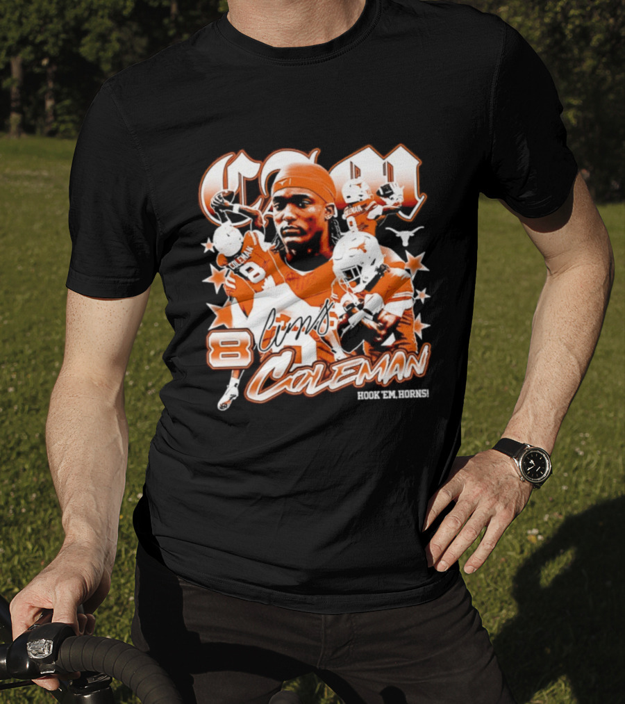 Cameron Coleman 8 Texas Longhorns NCAA Football Star Player Action T-Shirt
