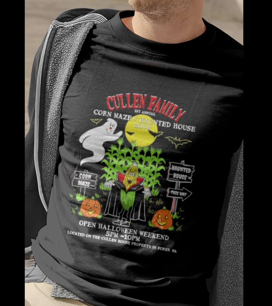 Cullen Family 1st Annual Corn Maze And Haunted House 2008 Halloween Weekend Event Promo With Ghosts And Pumpkins T-Shirt