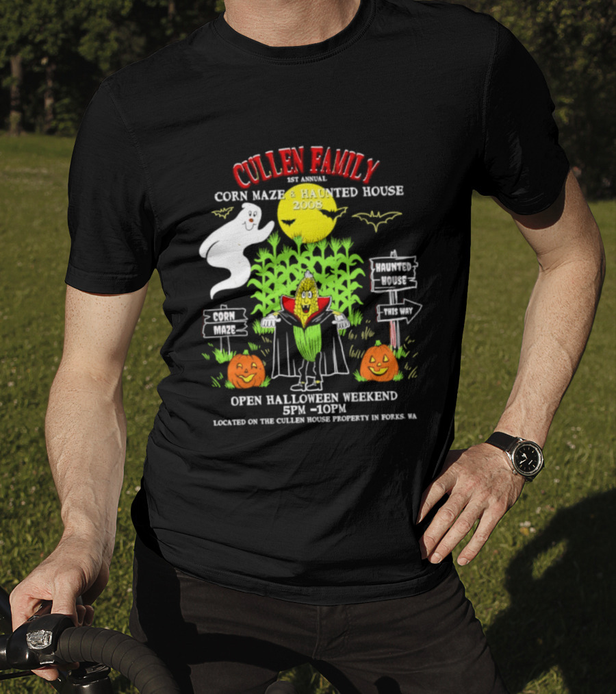 Cullen Family 1st Annual Corn Maze And Haunted House 2008 Halloween Weekend Event Promo With Ghosts And Pumpkins T-Shirt
