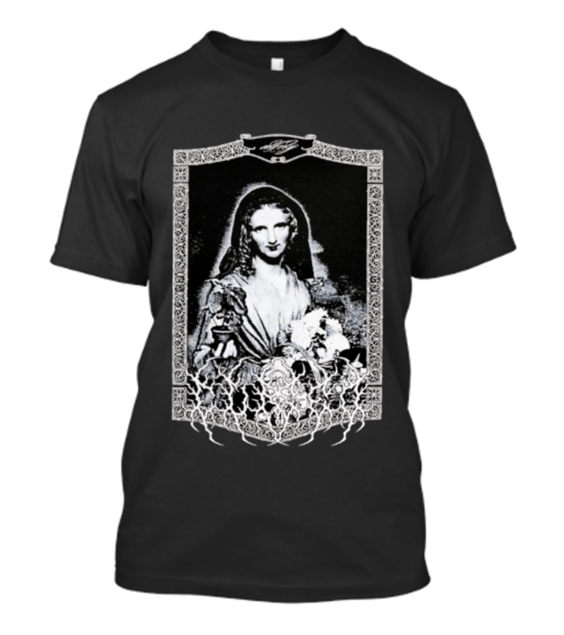 Cursed Black Metal Gothic Dark Saintly Figure With Floral Skull Motif T-Shirt