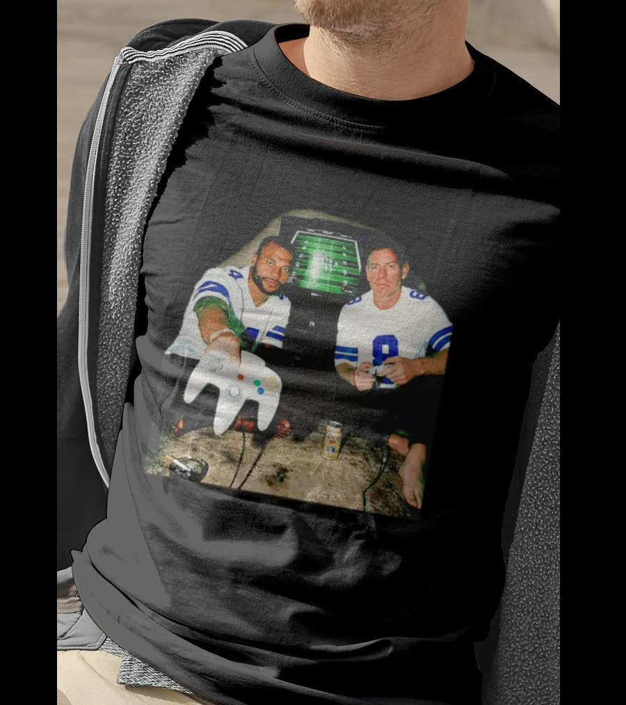 Dak Prescott Troy Aikman Dallas Cowboys Retro Gaming Session T-Shirt