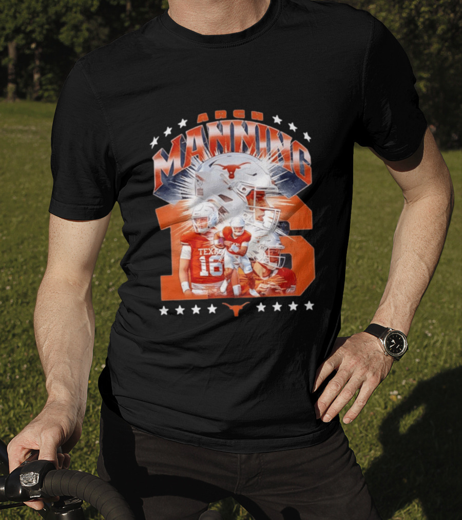 Texas Longhorns Arch Manning NCAA Football Collage Star Player Number 16 T-Shirt
