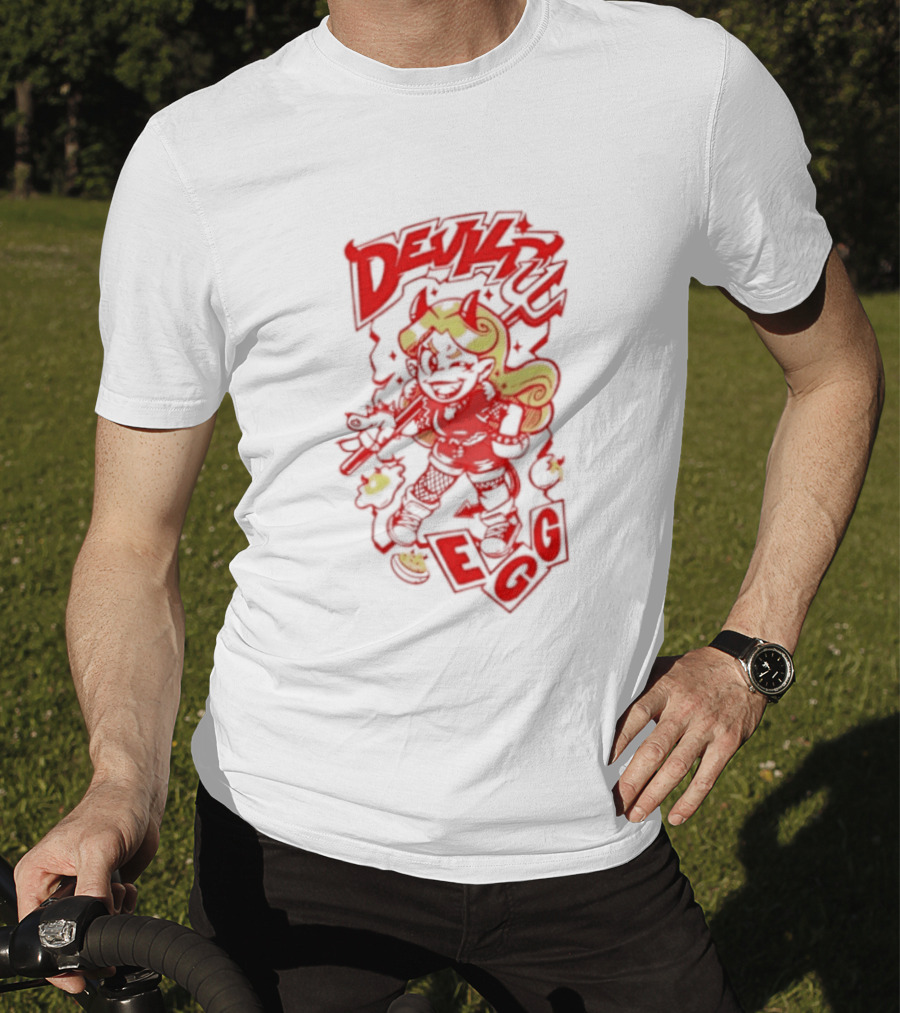 Devil Egg Cartoon Character With Pitchfork And Horns T-Shirt